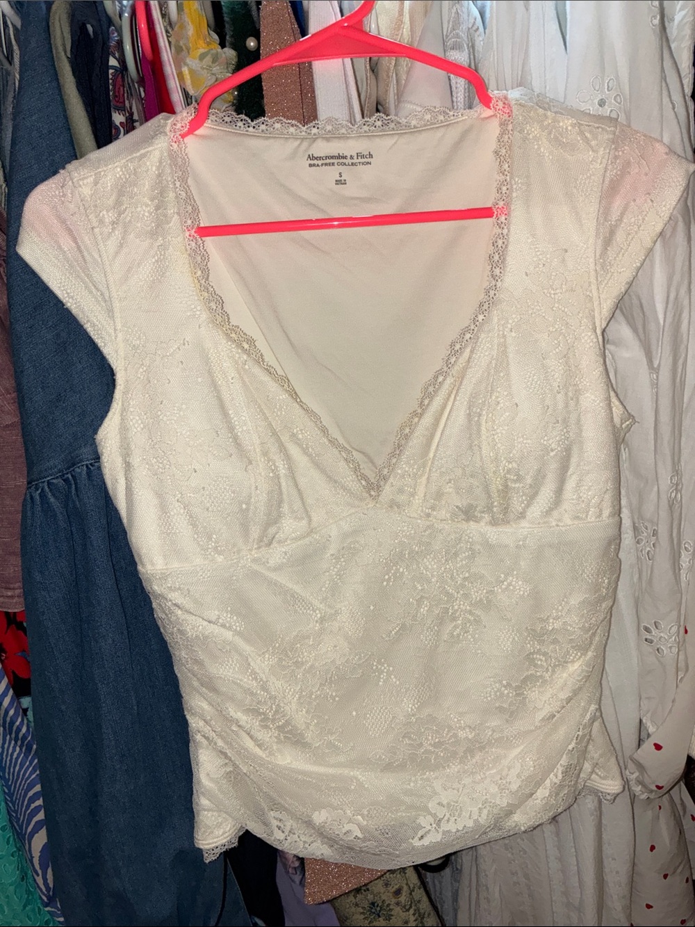 Abercrombie & Fitch Cream Bra-Free Lace V-Neck Blouse